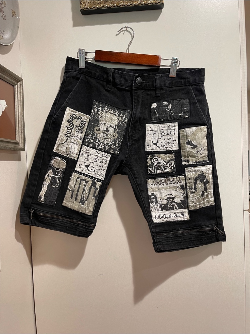 Haculla Black Denim Mens Shorts Sz 30 Patchwork Streetwear Zippers 9” Inseam